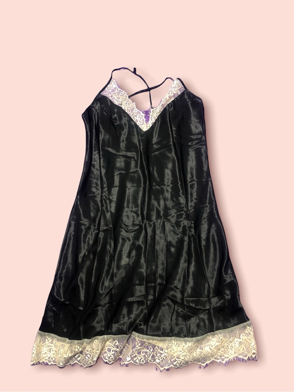 Black Satin Slip Dress with Lace Trim